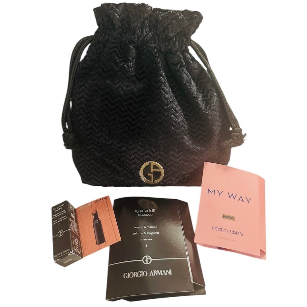 GIORGIO ARMANI NEW Set – Black Travel Pouch Bag + My Way + Mascara + Lipstick